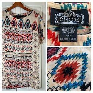 Angie Boho Southwestern Geometric Print Beaded Peasant Top Medium Dolman Sleeves